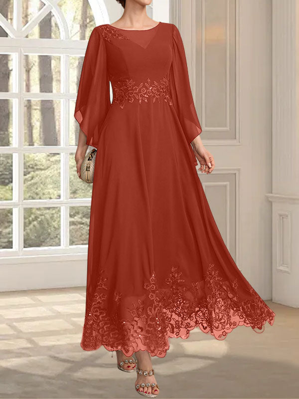 Vestido de gasa con encaje y lentejuelas para madre de la novia, corte A, escote ilusión, largo hasta los tobillos