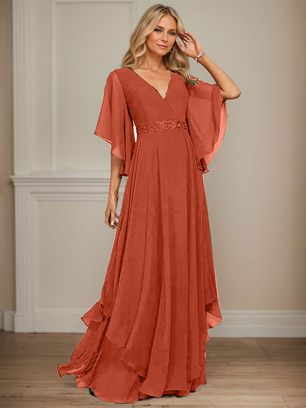 Vestido de gasa para madre de la novia, corte A, escote en V, largo hasta el suelo, con apliques de lentejuelas, encaje y abalorios