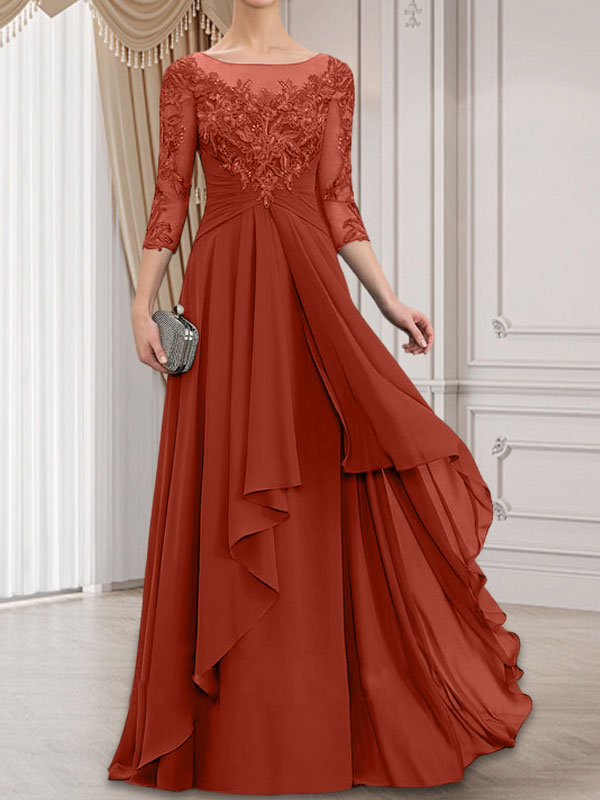 Vestido de gasa con encaje, corte A, escote ilusión, largo hasta el suelo, para madre de la novia con volantes en cascada
