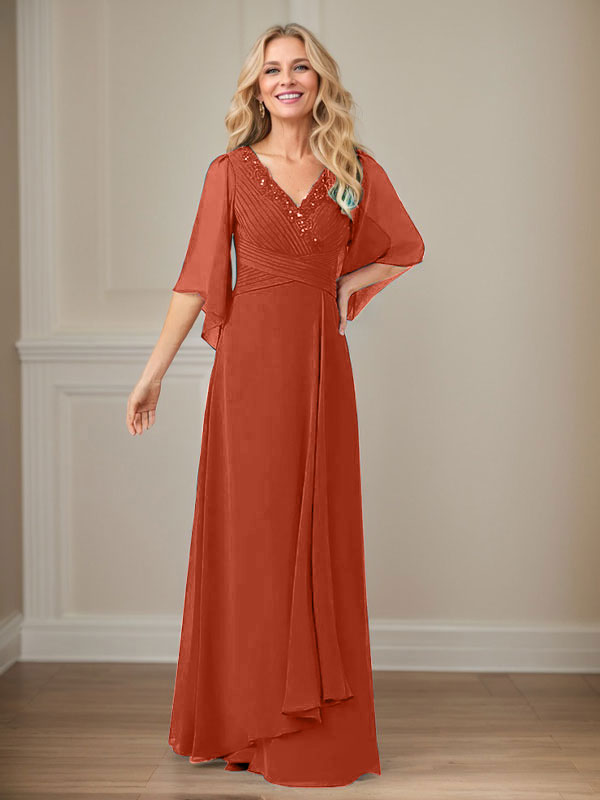 Vestido largo de gasa con lentejuelas y escote en V en forma de A para madre