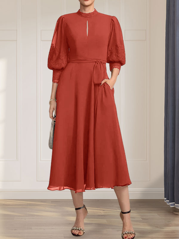 A-line High Neck Tea-Length Lace Chiffon Mother of the Bride Dress With Bow