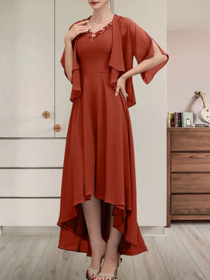 A-Linien-Kleid mit V-Ausschnitt, asymmetrischem Chiffon für die Brautmutter mit Perlen und Pailletten