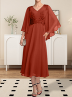 A-Linie V-Ausschnitt Wadenlanges Chiffon-Spitzenkleid für die Brautmutter mit Perlen und Pailletten