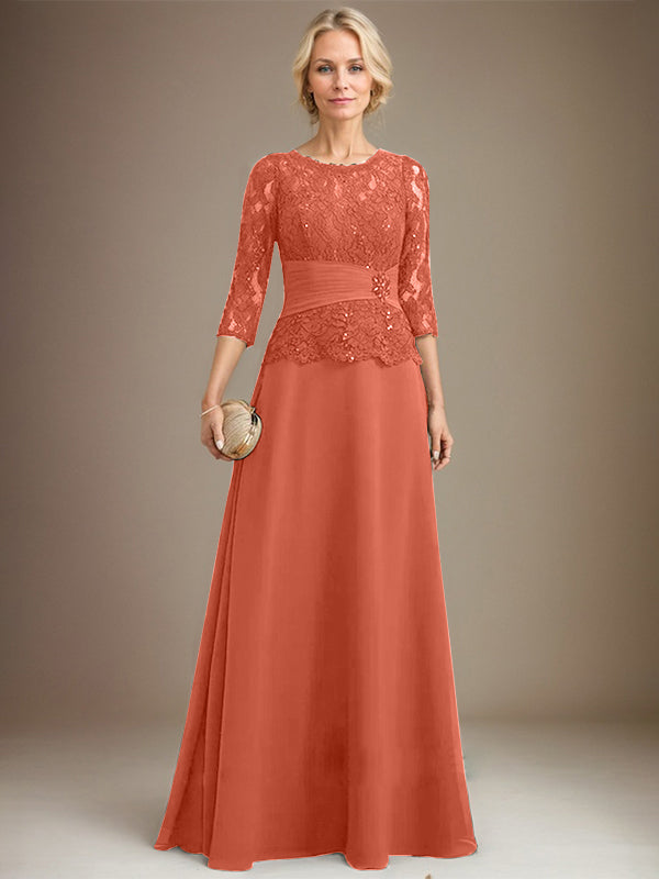 Vestido de gasa con encaje, corte A, ilusión, largo hasta el suelo, para madre de la novia, con lentejuelas plisadas y abalorios