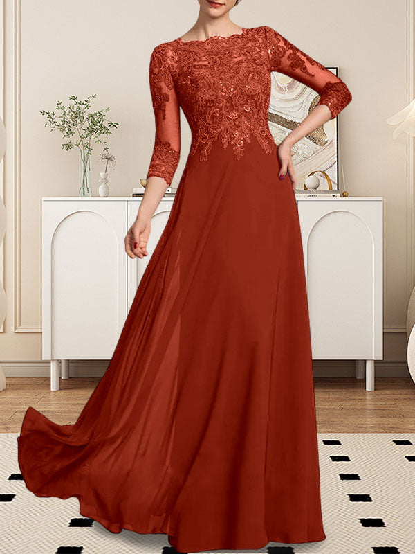 Vestido de gasa con encaje y lentejuelas para madre de la novia, corte A, largo hasta el suelo