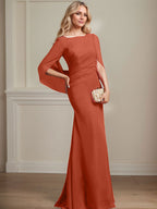 Vestido de madre de la novia de gasa con escote barco, corte trompeta/sirena, largo hasta el suelo, con pliegues