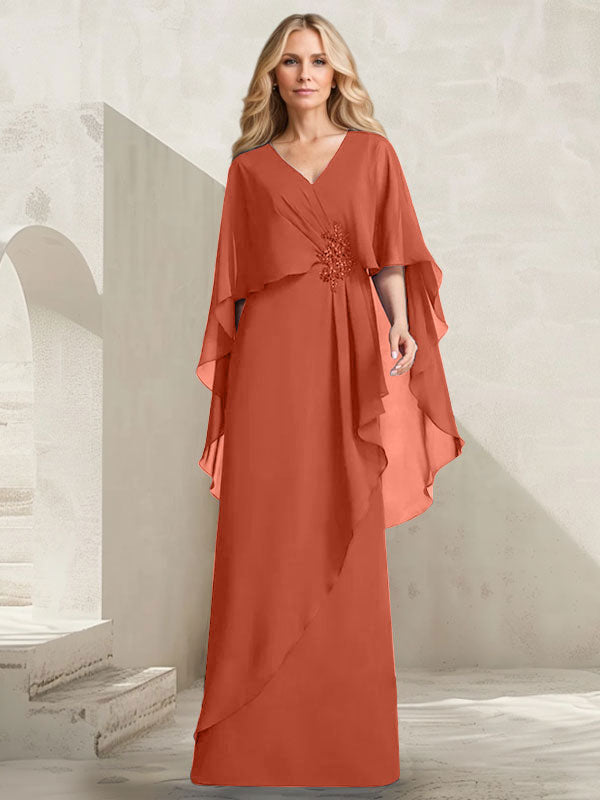 Vestido de gasa para madre de la novia con escote en V, corte A y largo hasta el suelo, con volantes en cascada y cuentas