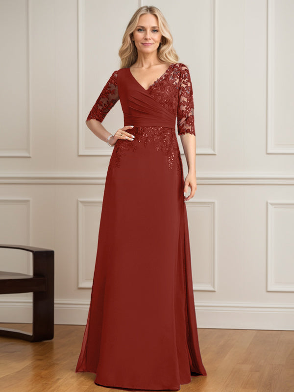 Vestido de madre de la novia de gasa con encaje, escote en V y lentejuelas plisadas hasta el suelo