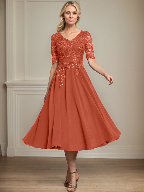 Vestido de gasa con encaje y lentejuelas para madre de la novia, corte A, escote en V y largo hasta la rodilla