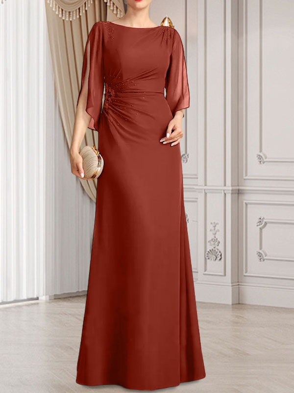 Vestido de gasa para madre de la novia con corte tubo/columna, escote redondo y largo hasta el suelo, con cuentas plisadas