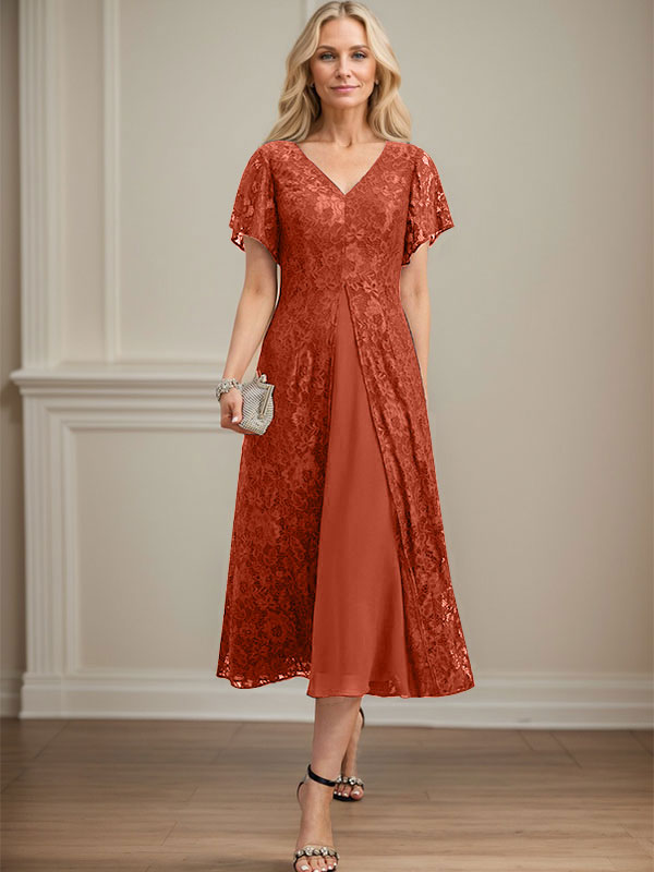 Vestido de gasa con encaje y escote en V para madre de la novia, largo hasta la rodilla