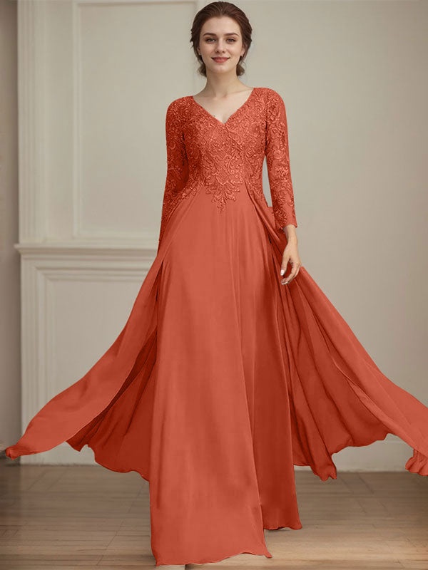 Vestido de madre de la novia de gasa con encaje, escote en V y lentejuelas, largo hasta el suelo