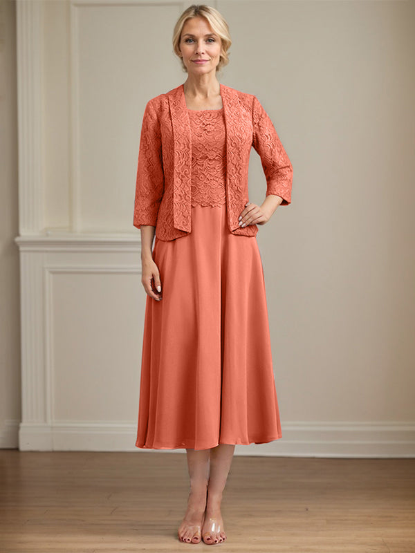 Vestido de gasa con encaje y escote redondo hasta la rodilla para madre de la novia