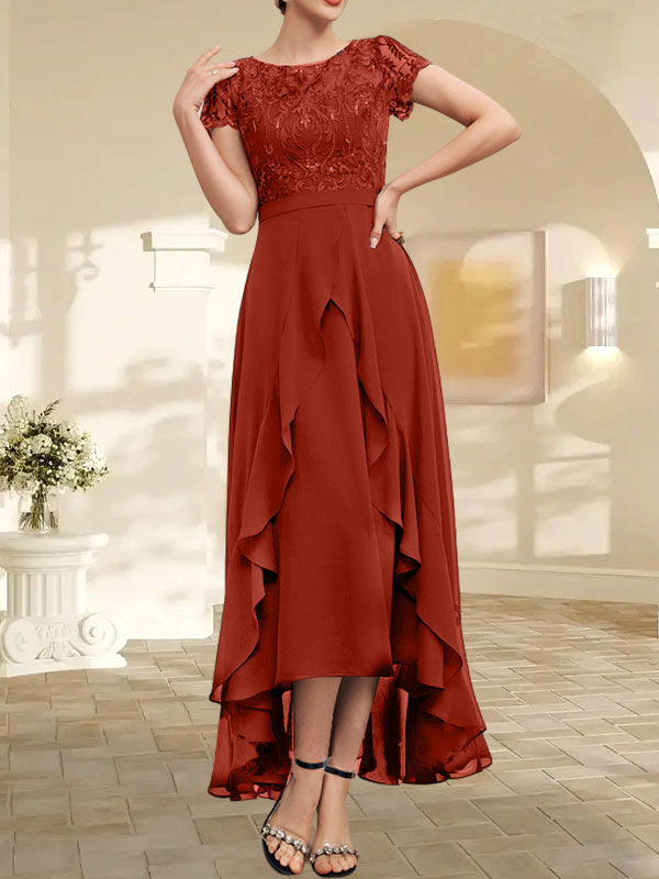Vestido de madre de la novia de gasa asimétrica con escote en A, ilusión, encaje, lazo, volante y lentejuelas