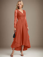 Vestido de madre de la novia de gasa con encaje asimétrico, escote en V y corte A