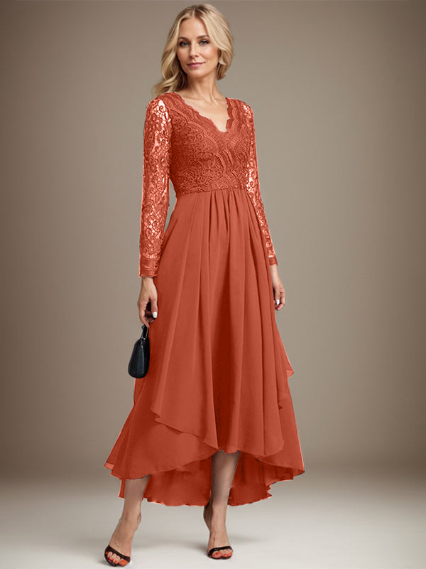 Vestido de madre de la novia de gasa con encaje asimétrico, escote en V y corte A
