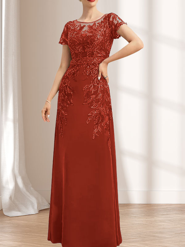 Vestido de madre de la novia de gasa con encaje, escote redondo, ilusión, largo hasta el suelo, con lentejuelas