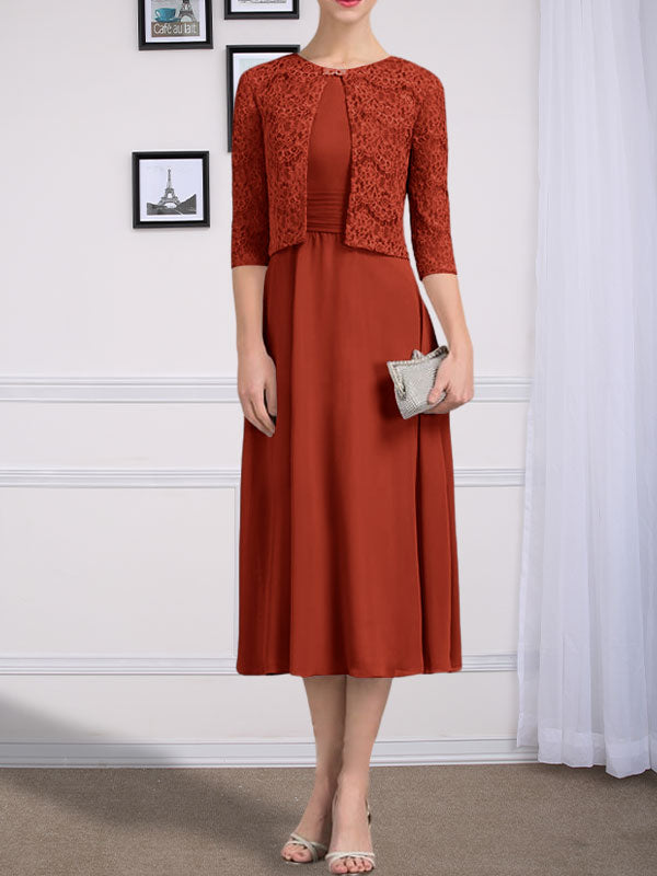 Vestido de gasa para madre de la novia con corte en A, escote redondo y largo hasta la rodilla con pliegues