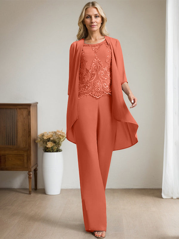 Vestido de madre de la novia de gasa con encaje, escote redondo y lentejuelas y mono/pantalón separado