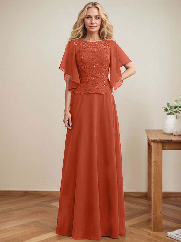 Vestido de gasa con encaje y lentejuelas para madre de la novia, corte A, escote ilusión, largo hasta el suelo
