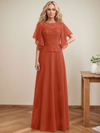 Vestido de gasa con encaje y lentejuelas para madre de la novia, corte A, escote ilusión, largo hasta el suelo