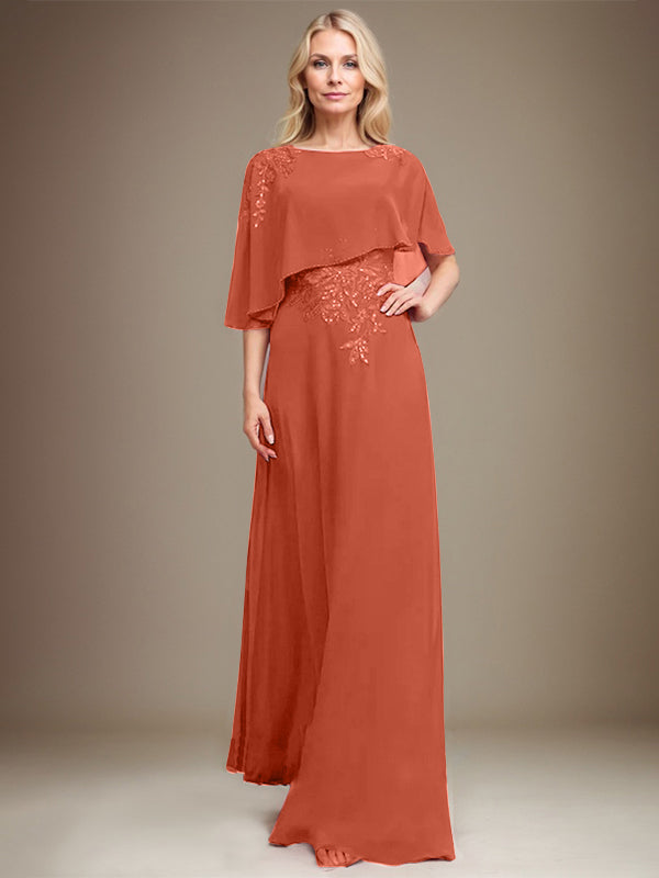 A-Linie U-Ausschnitt Bodenlang Chiffon Spitze Kleid für die Brautmutter mit Pailletten und Perlen 