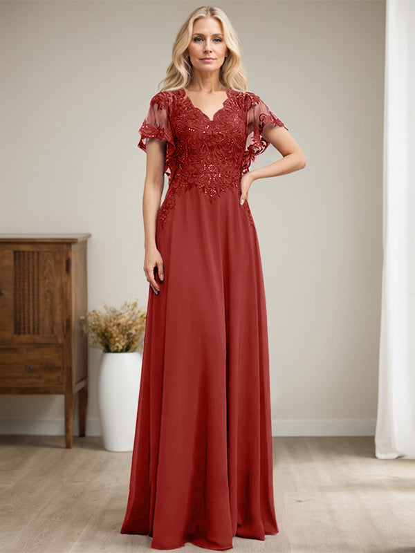 Vestido de madre de la novia de gasa con encaje, escote en V y lentejuelas, largo hasta el suelo