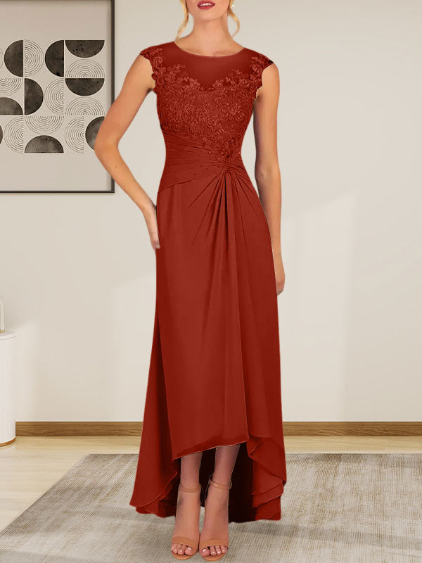 Vestido de gasa con encaje y escote redondo en forma de A color champán