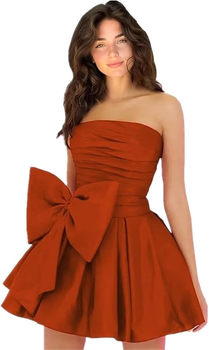 Vestidos de fiesta cortos y elegantes de corte A, sin mangas, sin tirantes, fruncidos, con cordones y lazo