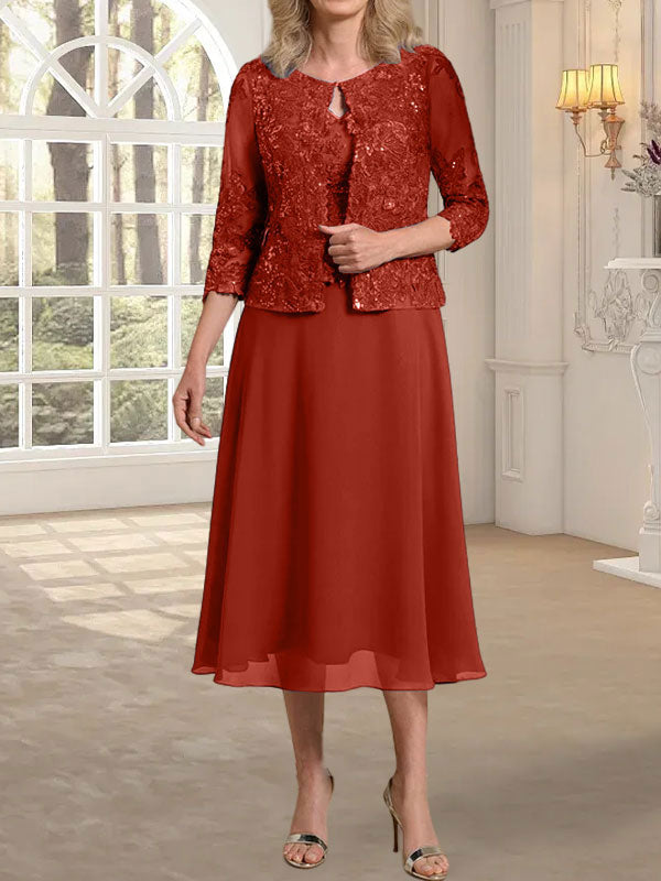 Vestido de gasa con encaje y lentejuelas para madre de la novia, corte A, escote redondo y largo hasta la rodilla