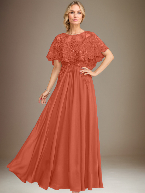 A-line Boat Neck Floor-Length Lace Chiffon Mother of the Bride Dress With Applique Sequins