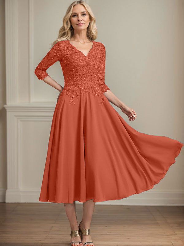 Vestido de gasa con encaje y escote en V para madre de la novia, largo hasta la rodilla, con lentejuelas y abalorios