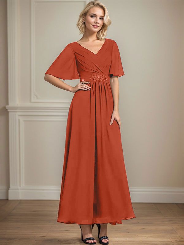 Vestido de gasa para madre de la novia con escote en V, largo hasta los tobillos, corte A y lentejuelas plisadas con cuentas
