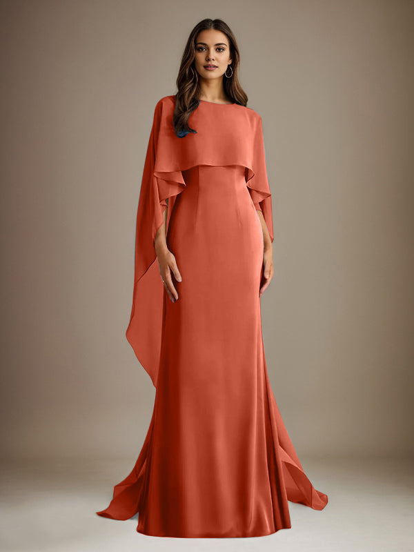 Vestido de gasa para madre de la novia, largo hasta el suelo, con escote barco y corte tubo/columna y volantes en cascada