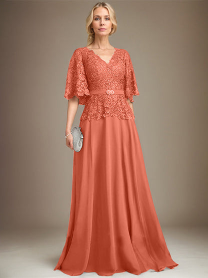 A-Linie V-Ausschnitt Bodenlanges Chiffon-Spitzenkleid für die Brautmutter mit Kristallbrosche und Strass 