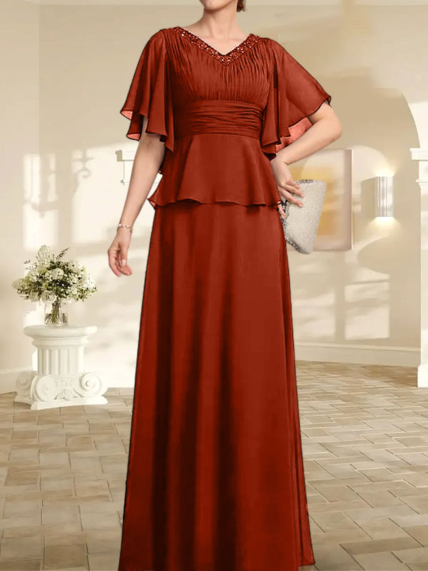 A-Linien-Kleid aus Chiffon mit V-Ausschnitt und bodenlangem Schnitt für die Brautmutter mit plissierten Perlen