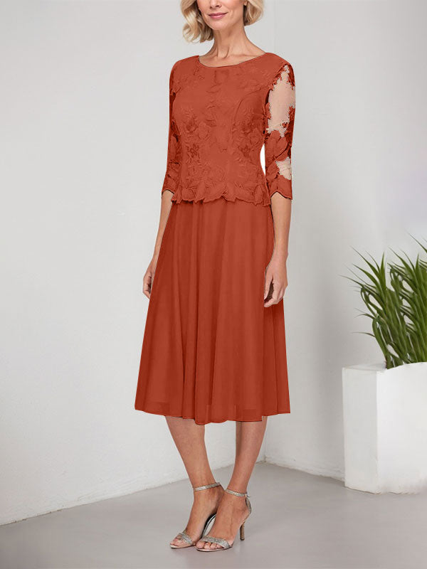 Vestido de gasa con encaje y bordado para madre de la novia, corte A, escote redondo y largo hasta la rodilla
