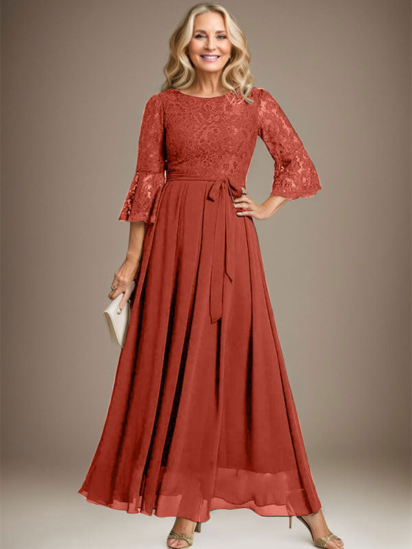 A-Linie U-Ausschnitt Knöchellang Spitzen Chiffon Kleid für die Brautmutter mit Schleife
