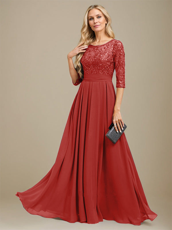 Vestido de madre de la novia de gasa con encaje, corte A, largo hasta el suelo y apliques de lentejuelas