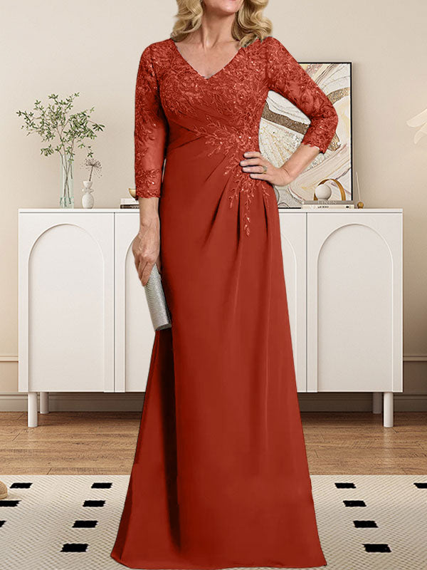 Etui-/Säulen-Kleid mit V-Ausschnitt, bodenlangem Illusion-Spitzen-Chiffon und plissierten Pailletten 