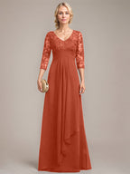 A-Linie V-Ausschnitt Bodenlanges Spitzen-Chiffon-Kleid für die Brautmutter mit kaskadierenden Rüschen und Pailletten 