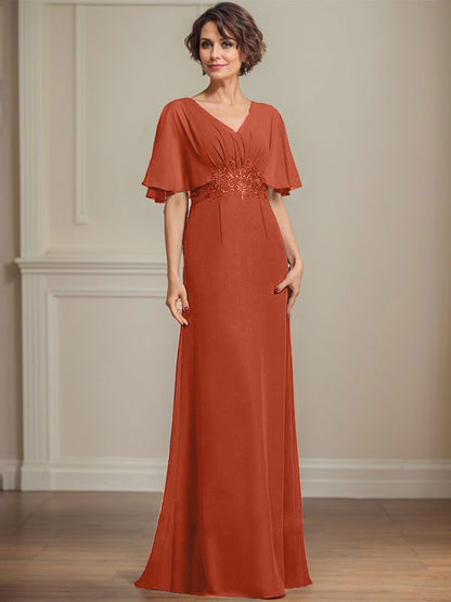 A-Linie V-Ausschnitt Bodenlanges Chiffonkleid für die Brautmutter mit plissierten Paillettenapplikationen Spitze