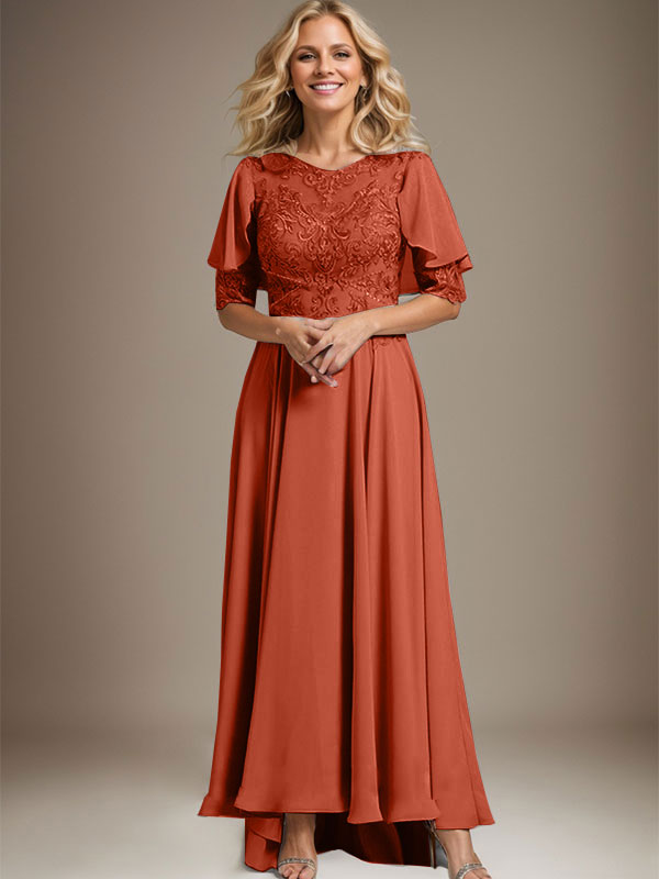 Vestido de madre de la novia de gasa asimétrica con encaje, ilusión, corte A y escote redondo con cuentas