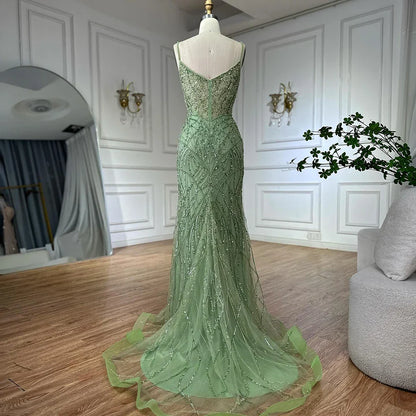 Luxus-Designer-Abendkleid mit Perlenbesatz in Salbeigrün und Überrock LA72733A