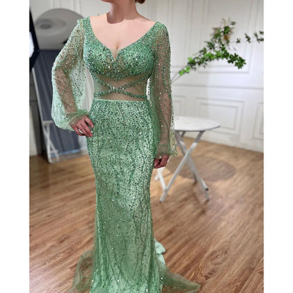 Sexy Mint Mermaid Elegante V-ausschnitt Perlen Luxus Arabisch Shiny Abendkleider Kleider Für Frauen Party 2025 LA71784 