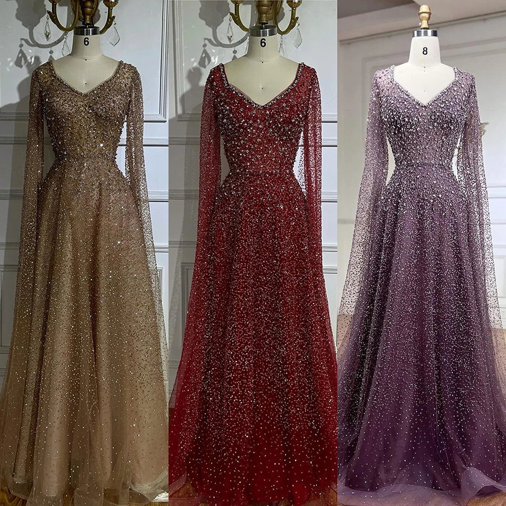 2025 Saudi Arabic Caramel Beaded Cape Sleeves A Line Evening Gown for Formal Occasion LA72147A