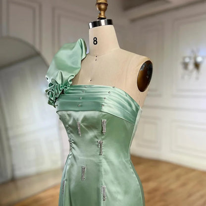 Vestido de noche árabe verde salvia de un solo hombro con capa de cristal de lujo de Dubái para fiesta de boda de mujer LA72412 