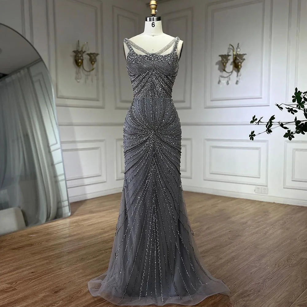Vestido de noche árabe de sirena con tirantes finos, color nude, con perlas de lujo y cuentas, para mujer, para boda, fiesta, 2025, LA72356 