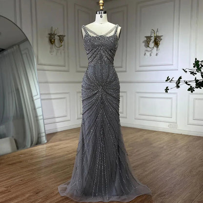 Vestido de noche árabe de sirena con tirantes finos, color nude, con perlas de lujo y cuentas, para mujer, para boda, fiesta, 2025, LA72356 