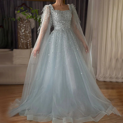 Vestidos de noche saudíes de lujo, corte A, azul árabe, con plumas, mangas capa y cuentas, para ocasiones formales 2025 LA71782A 
